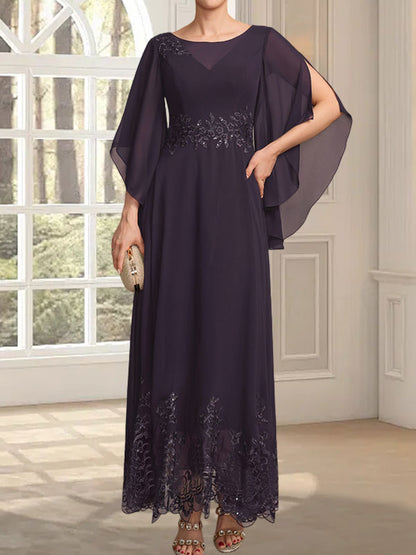 A-line Scoop Illusion Ankle-Length Lace Chiffon Mother of the Bride Dress With Sequins