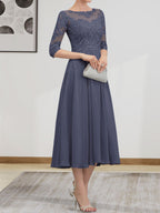 Vestido de gasa con encaje, corte A, ilusión, largo hasta la rodilla, para madre de la novia, con lentejuelas y abalorios