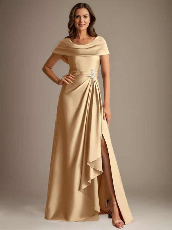 Vestido de madre de la novia de satén elástico, corte A, largo hasta el suelo, con escote redondo y volantes en cascada
