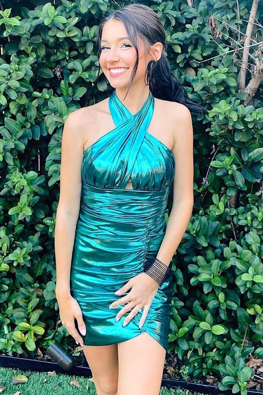 Maxine | Vestido de fiesta corto fruncido con cuello halter en rosa neón