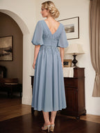 A-Linie V-Ausschnitt Wadenlanges Chiffon-Kleid für die Brautmutter mit Plissee