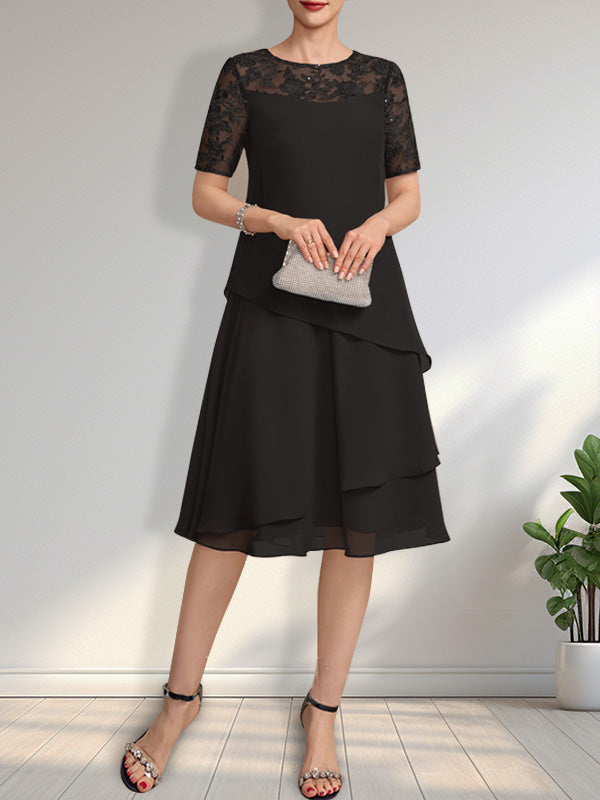 Vestido de gasa con encaje y lentejuelas para madre de la novia, corte A, escote ilusión, largo hasta la rodilla