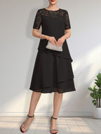 Vestido de gasa con encaje y lentejuelas para madre de la novia, corte A, escote ilusión, largo hasta la rodilla