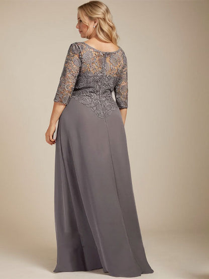 Vestido de gasa con encaje, corte A, escote ilusión, largo hasta el suelo, para madre de la novia con volantes en cascada