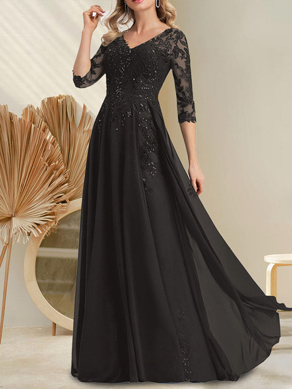 A-Linie V-Ausschnitt Bodenlanges Spitzenchiffonkleid für die Brautmutter mit Pailletten