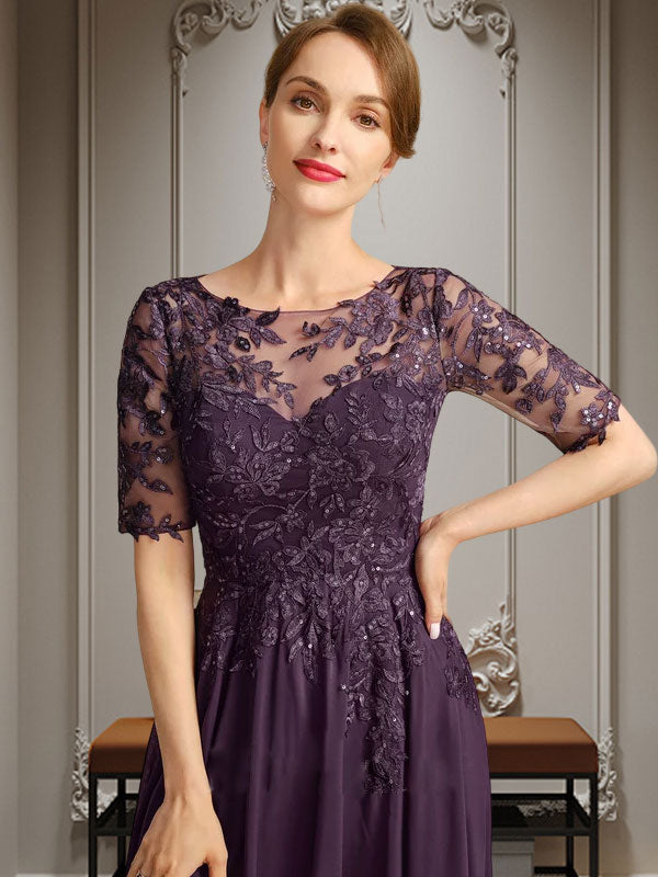 Vestido de madre de la novia de gasa asimétrica con encaje, ilusión, corte A y lentejuelas