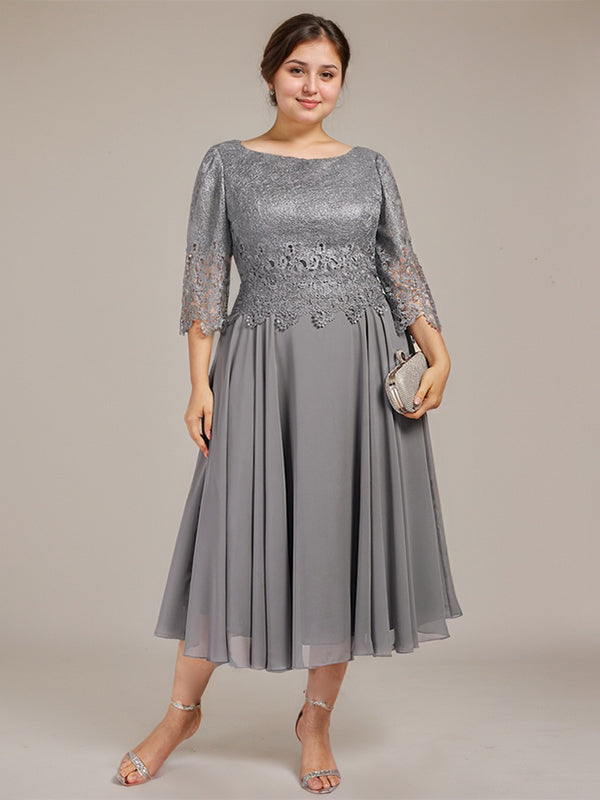 Vestido de gasa con encaje y escote redondo hasta la rodilla para madre de la novia