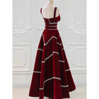 Elegante vestido de noche de terciopelo rojo con corte en A Y4511