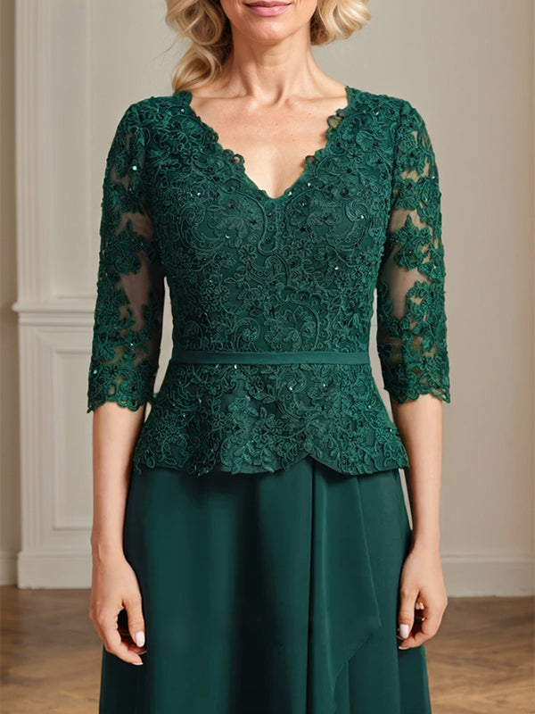 A-Linie V-Ausschnitt Bodenlanges Spitzen-Chiffon-Kleid für die Brautmutter mit kaskadierenden Rüschen und Pailletten 