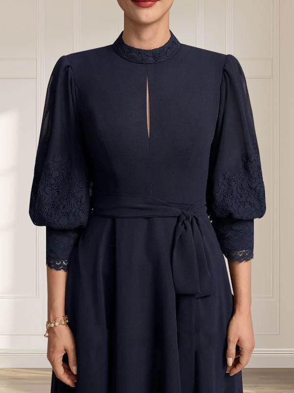 A-line High Neck Tea-Length Lace Chiffon Mother of the Bride Dress With Bow
