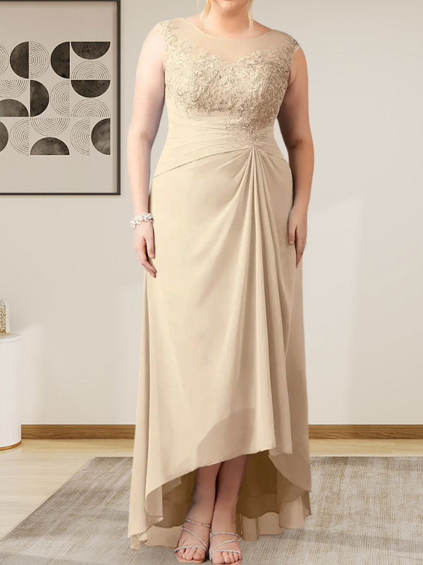 Vestido de gasa con encaje y escote redondo en forma de A color champán