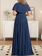 Vestido de gasa para madre de la novia, corte A, escote en V, largo hasta el suelo, con broche de cristal y plisado
