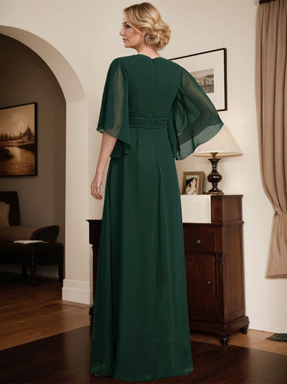 Etui-Linie/Säule V-Ausschnitt Bodenlang Chiffon Kleid für die Brautmutter mit Plissee Pailletten Perlenbesatz
