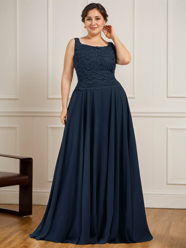 A-Linie Quadratisches Bodenlanges Spitzen-Chiffon-Kleid für die Brautmutter mit Pailletten 