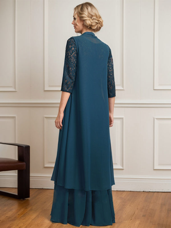 Vestido de gasa de encaje con ilusión de corte A hasta el suelo para madre de la novia con pliegues