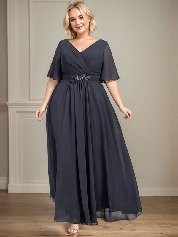 Vestido de gasa para madre de la novia con escote en V, largo hasta los tobillos, corte A y lentejuelas plisadas con cuentas