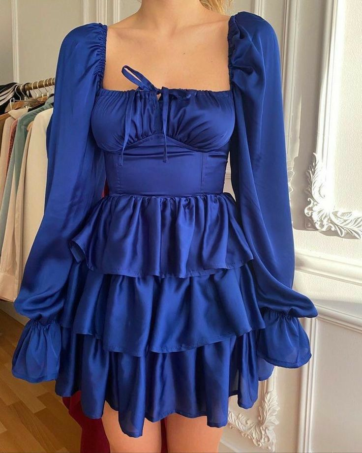 Vestido de fiesta azul rey con escote cuadrado y mangas largas, estilo retro Y2467