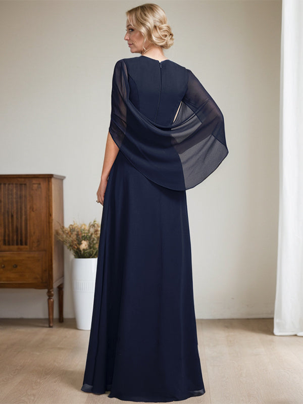 Vestido largo azul marino oscuro con escote en V y corte A para madre de la novia