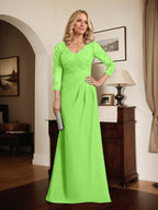 Vestido de madre de la novia de gasa con encaje, escote en V, ilusión, largo hasta el suelo, con lentejuelas plisadas