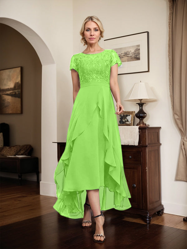 Vestido de madre de la novia de gasa asimétrica con escote en A, ilusión, encaje, lazo, volante y lentejuelas