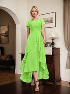 Vestido de madre de la novia de gasa asimétrica con escote en A, ilusión, encaje, lazo, volante y lentejuelas