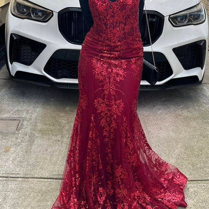 Charming Red Mermaid Lace Appliques Prom Dress,Evening Dress Winter Dance Dress Y4345