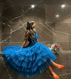 A-Linien-Abendkleid aus blauem Tüll mit Ärmeln Y3097