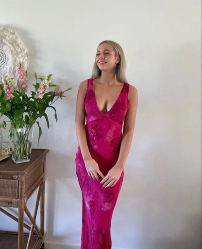 Elegant Deep V Neck Print Floral Evening Dress Prom Gown Y4548