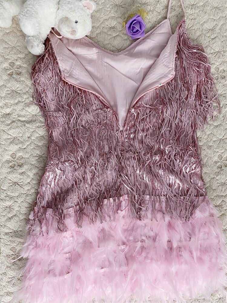 Vestido sexy de plumas con borlas brillantes para mujer, vestido de baile rosa con flecos y lentejuelas, vestido formal de verano, vestido rosa para regreso a casa, Y2470
