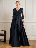 A-Linie V-Ausschnitt Bodenlanges Satin-Spitzenkleid für die Brautmutter mit Paillettenschleife 