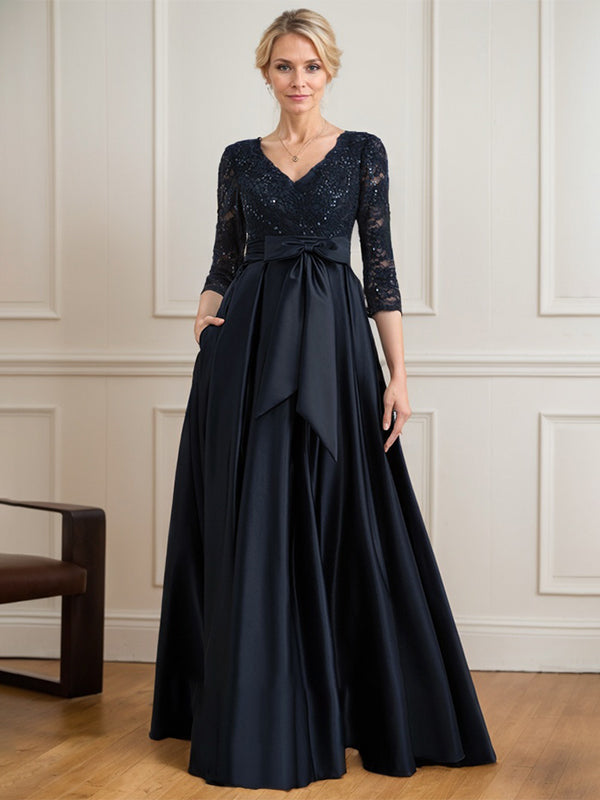 Vestido de madre de la novia de satén con encaje, escote en V y largo hasta el suelo con lazo de lentejuelas