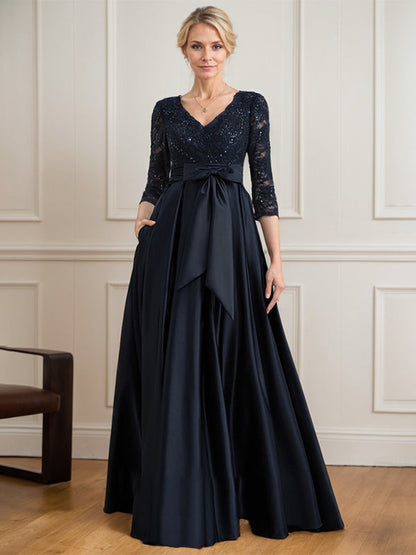 A-Linie V-Ausschnitt Bodenlanges Satin-Spitzenkleid für die Brautmutter mit Paillettenschleife 