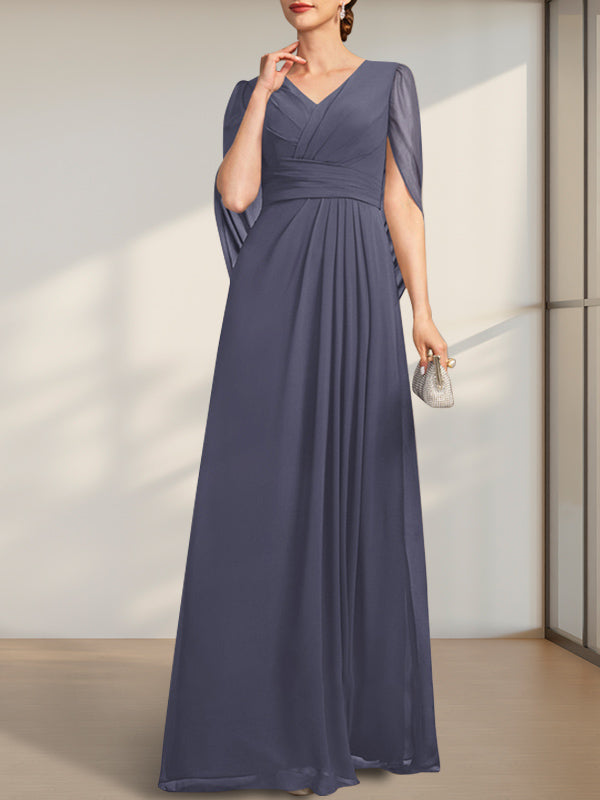 Vestido de gasa para madre de la novia con escote en V, largo hasta el suelo, con pliegues