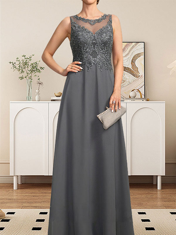 Vestido de gasa con encaje y lentejuelas para madre de la novia, corte A, escote ilusión, largo hasta el suelo