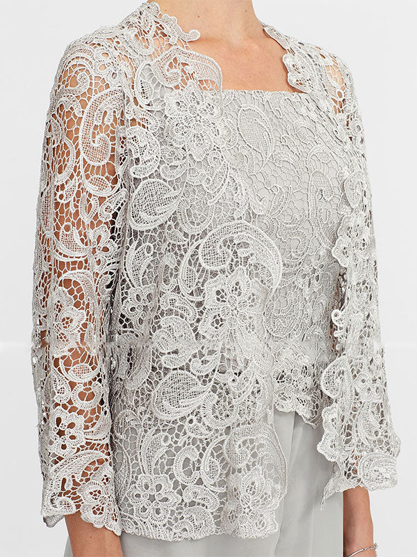 3-teiliger Chiffon-Hosenanzug mit quadratischem Ausschnitt und Jacke für die Mutter der Braut 