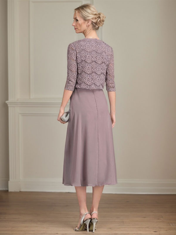 Vestido de gasa para madre de la novia con corte en A, escote redondo y largo hasta la rodilla con pliegues