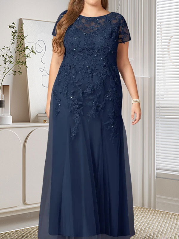 Vestido de tul con lentejuelas y escote redondo de sirena en azul marino oscuro