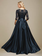 Vestido de madre de la novia de satén elástico con encaje, corte A, escote ilusión, largo hasta el suelo, con lazo y lentejuelas