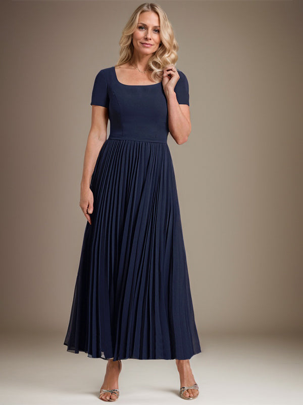 Vestido de gasa para madre de la novia con corte A, cuadrado, largo hasta los tobillos, con pliegues