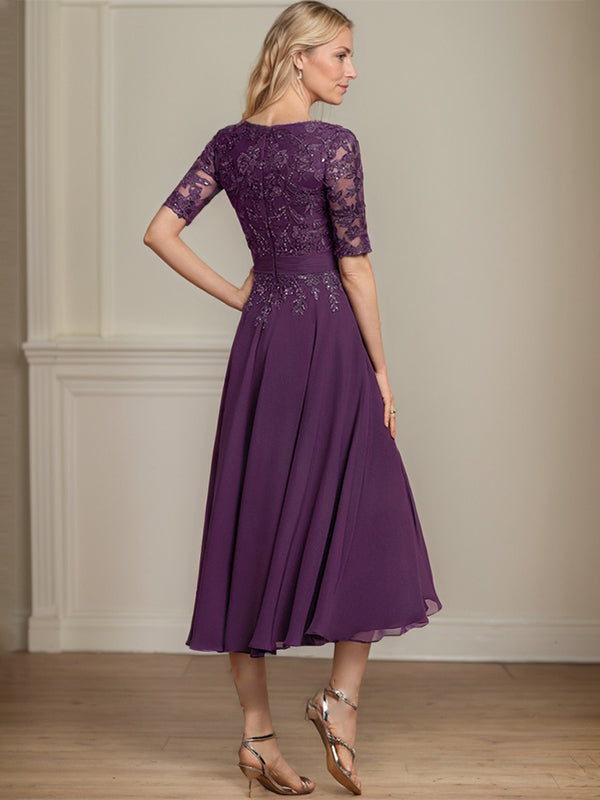 Vestido de gasa con encaje y lentejuelas para madre de la novia, corte A, escote en V y largo hasta la rodilla