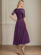 Vestido de gasa con encaje y lentejuelas para madre de la novia, corte A, escote en V y largo hasta la rodilla