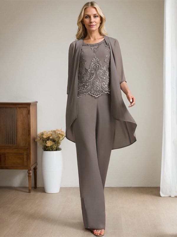 Vestido de madre de la novia de gasa con encaje, escote redondo y lentejuelas y mono/pantalón separado