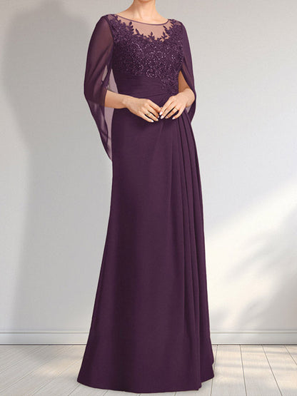 Vestido de gasa con encaje, ilusión, corte A, largo hasta el suelo, para madre de la novia con lentejuelas plisadas