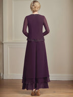 Vestido de madre de la novia de gasa con encaje y lentejuelas, largo hasta los tobillos, con mono/pantalón separado