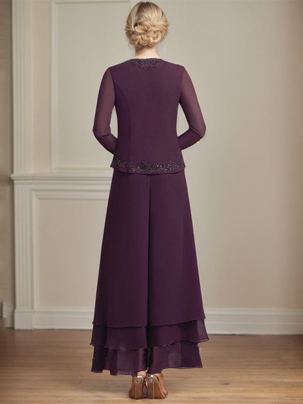 Vestido de madre de la novia de gasa con encaje y lentejuelas, largo hasta los tobillos, con mono/pantalón separado