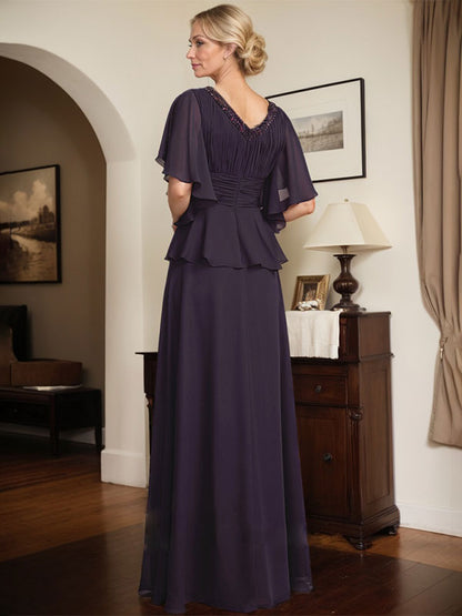 A-Linien-Kleid aus Chiffon mit V-Ausschnitt und bodenlangem Schnitt für die Brautmutter mit plissierten Perlen