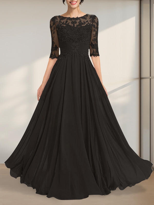 Vestido de gasa de encaje con escote en A y ilusión hasta el suelo para madre de la novia con lentejuelas plisadas