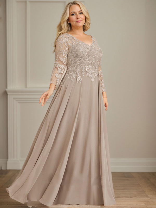 A-Linie V-Ausschnitt Bodenlanges Spitzen-Chiffon-Kleid für die Brautmutter mit Pailletten 
