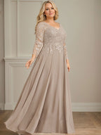 A-Linie V-Ausschnitt Bodenlanges Spitzen-Chiffon-Kleid für die Brautmutter mit Pailletten 