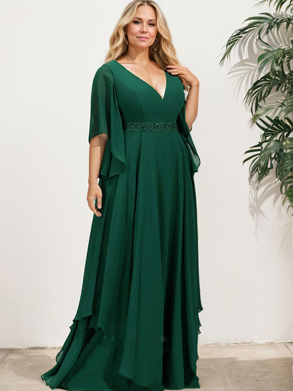 Vestido de gasa para madre de la novia, corte A, escote en V, largo hasta el suelo, con apliques de lentejuelas, encaje y abalorios